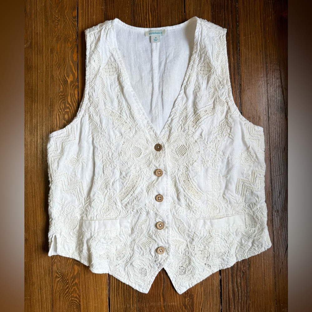 Sundance White Embroidered Button Down Vest (ramie/cotton)